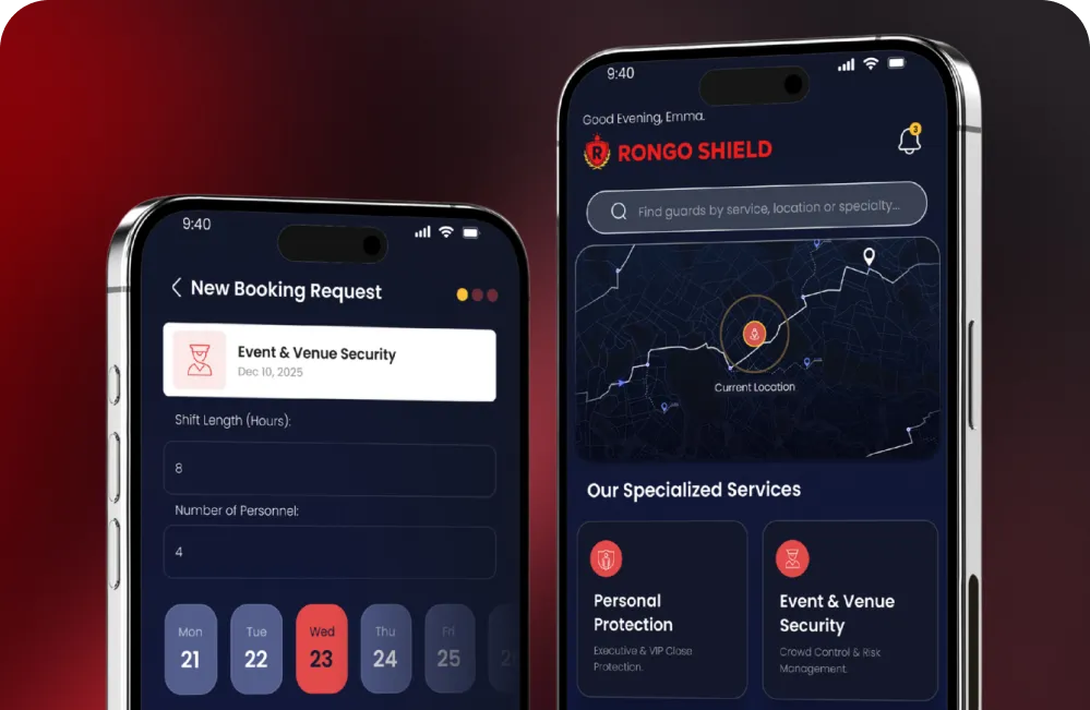Rongo Shield security booking app